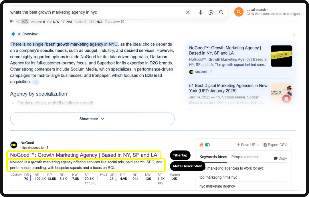 SERP with top organic result highlighted just below the AI Overview.