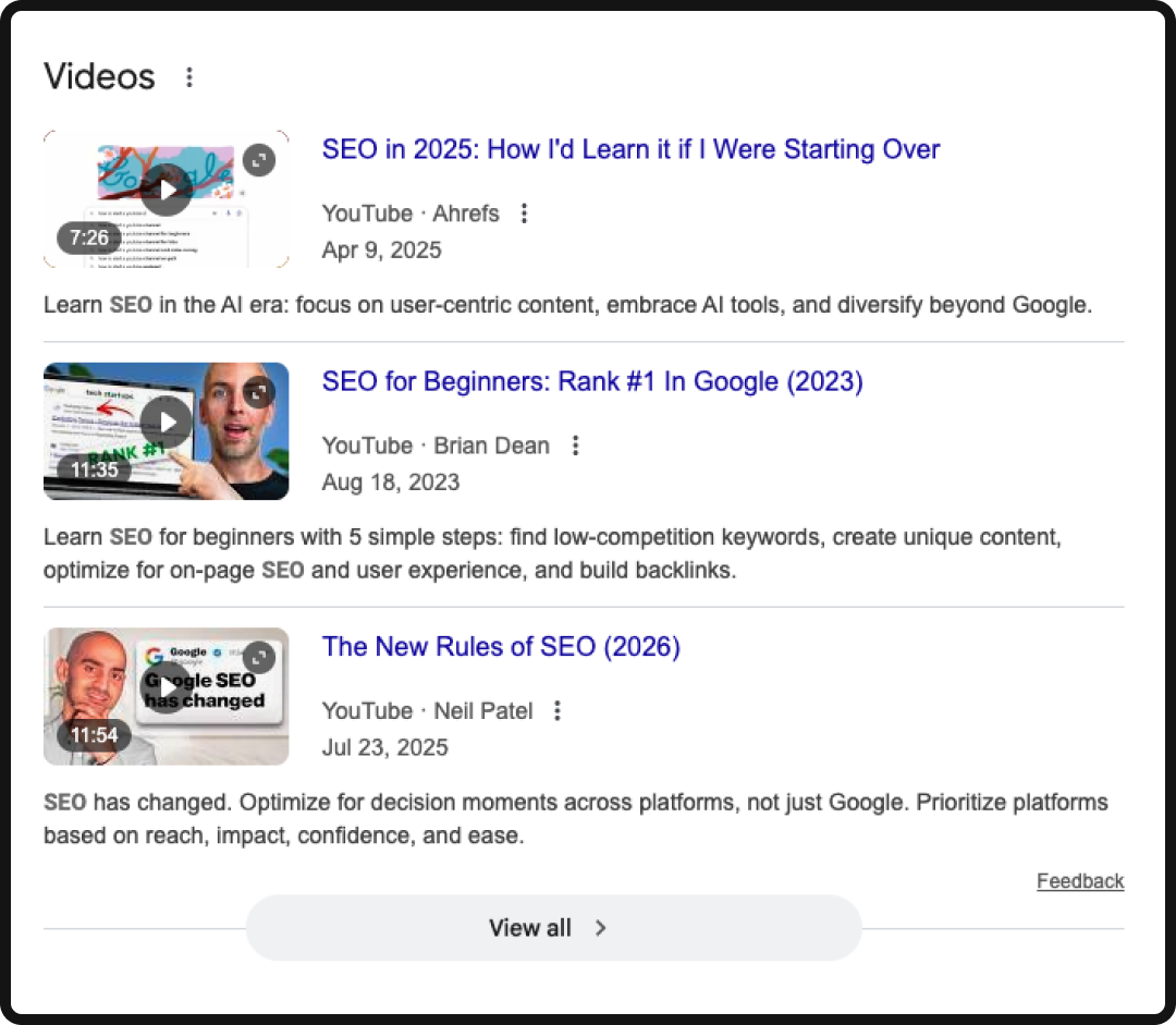 Videos SERP feature widget with results from YouTube.