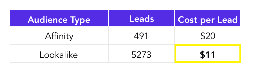 comparing cost per lead with different audiences