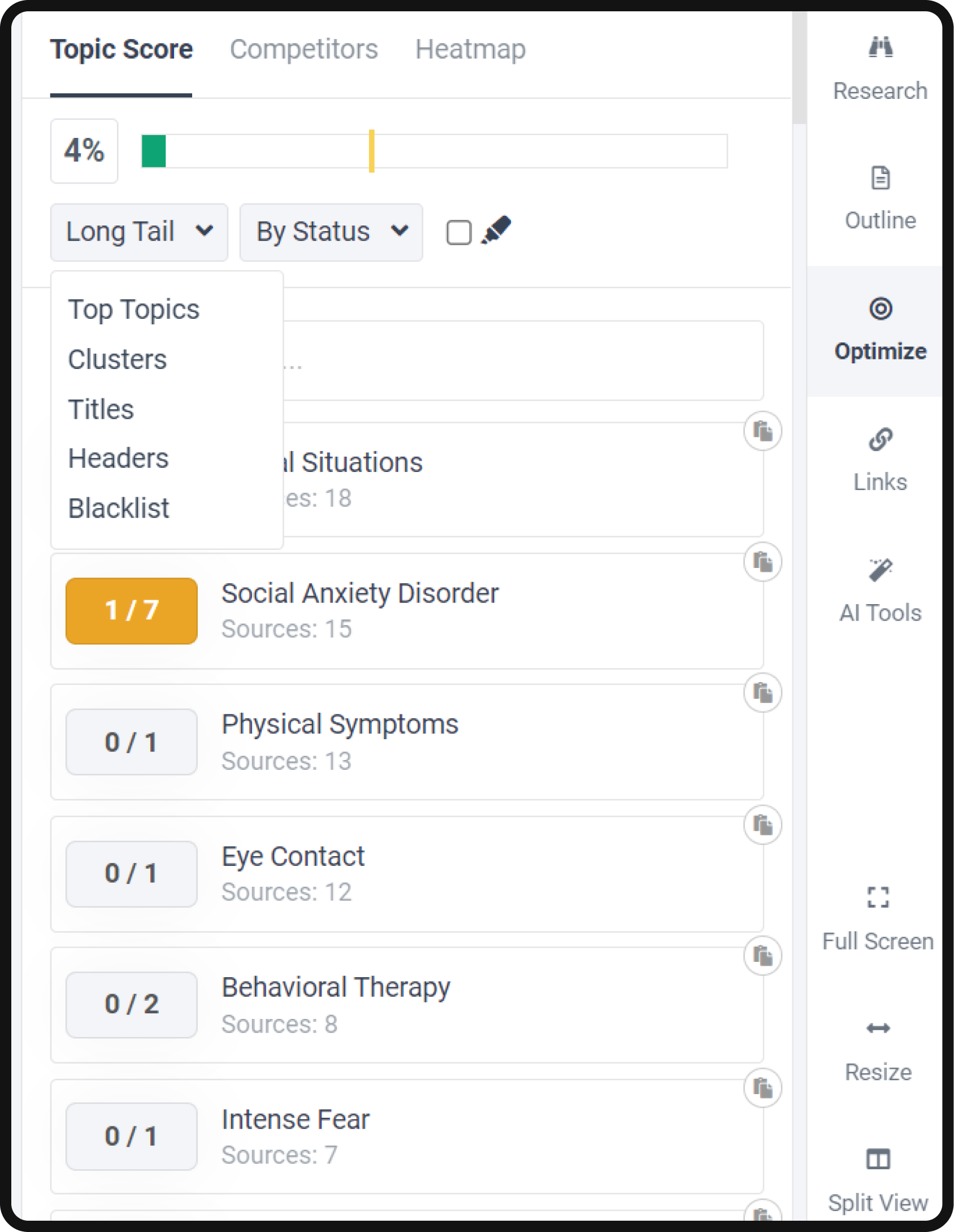 Topic score information for the keyword "social anxiety disorder" using Frase.