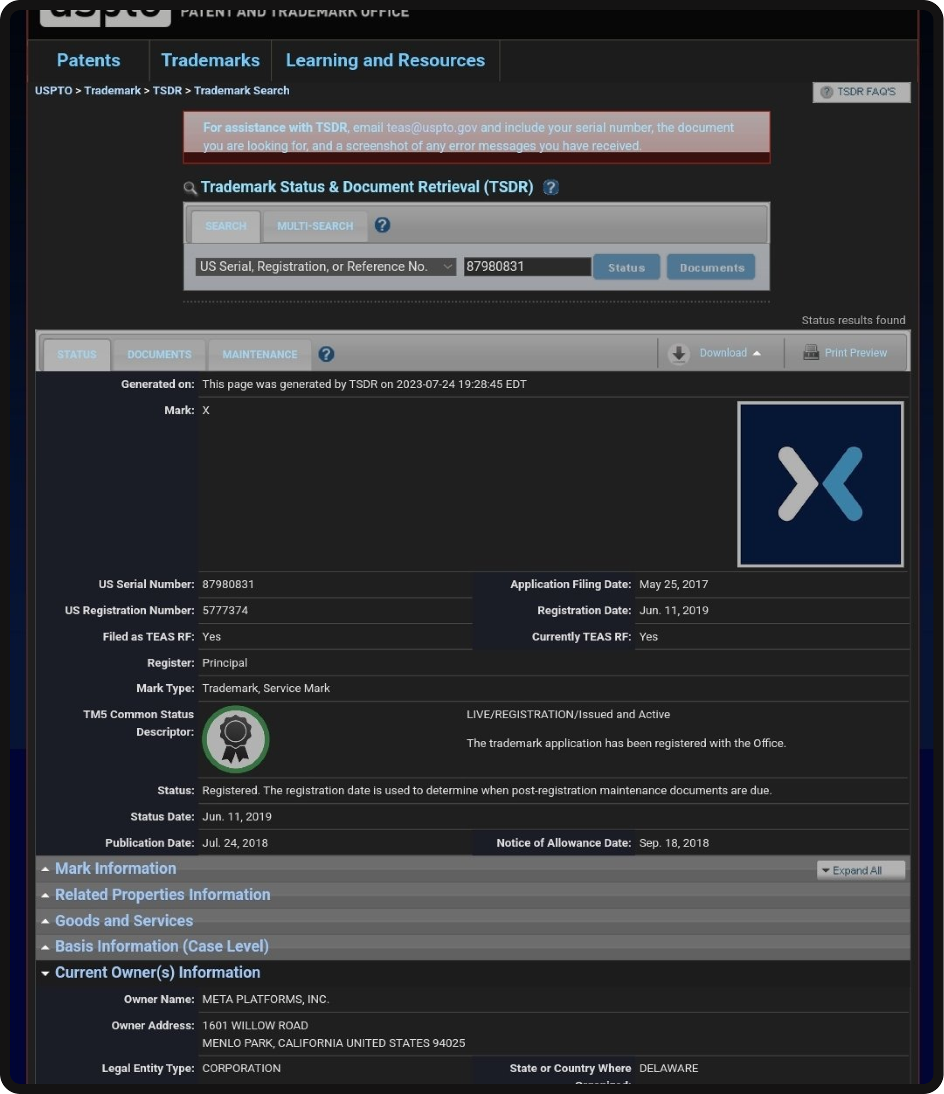 Trademark registrations for "X."