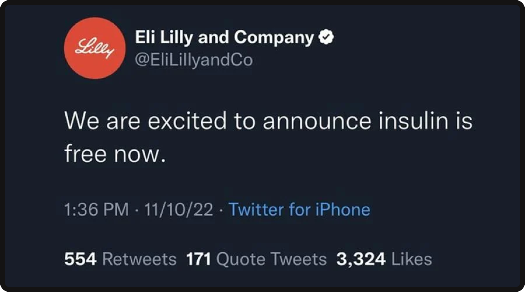 Eli Lilly and Company's fake tweet about free insulin.