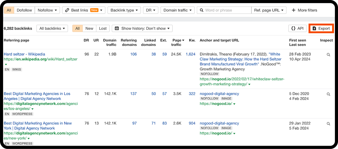 Screenshot of an Ahrefs backlink report, something to include in an SEO report.