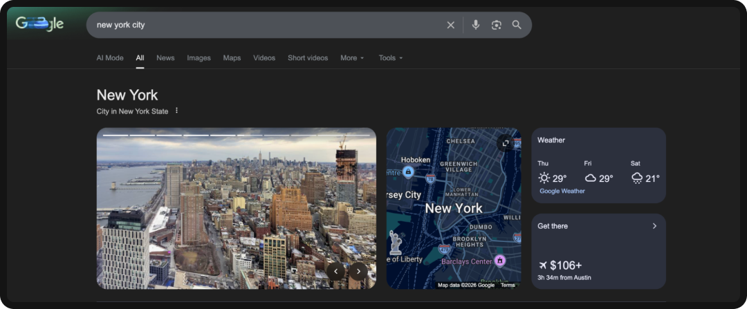 Example of the Knowledge Graph for a search for "New York City".