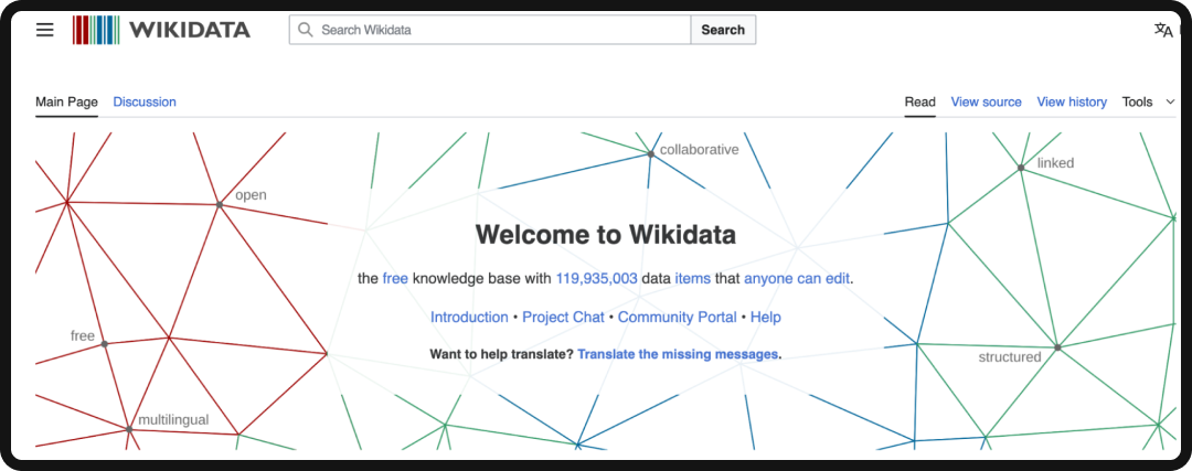Wikidata homepage, part of Knowledge Graph optimization.