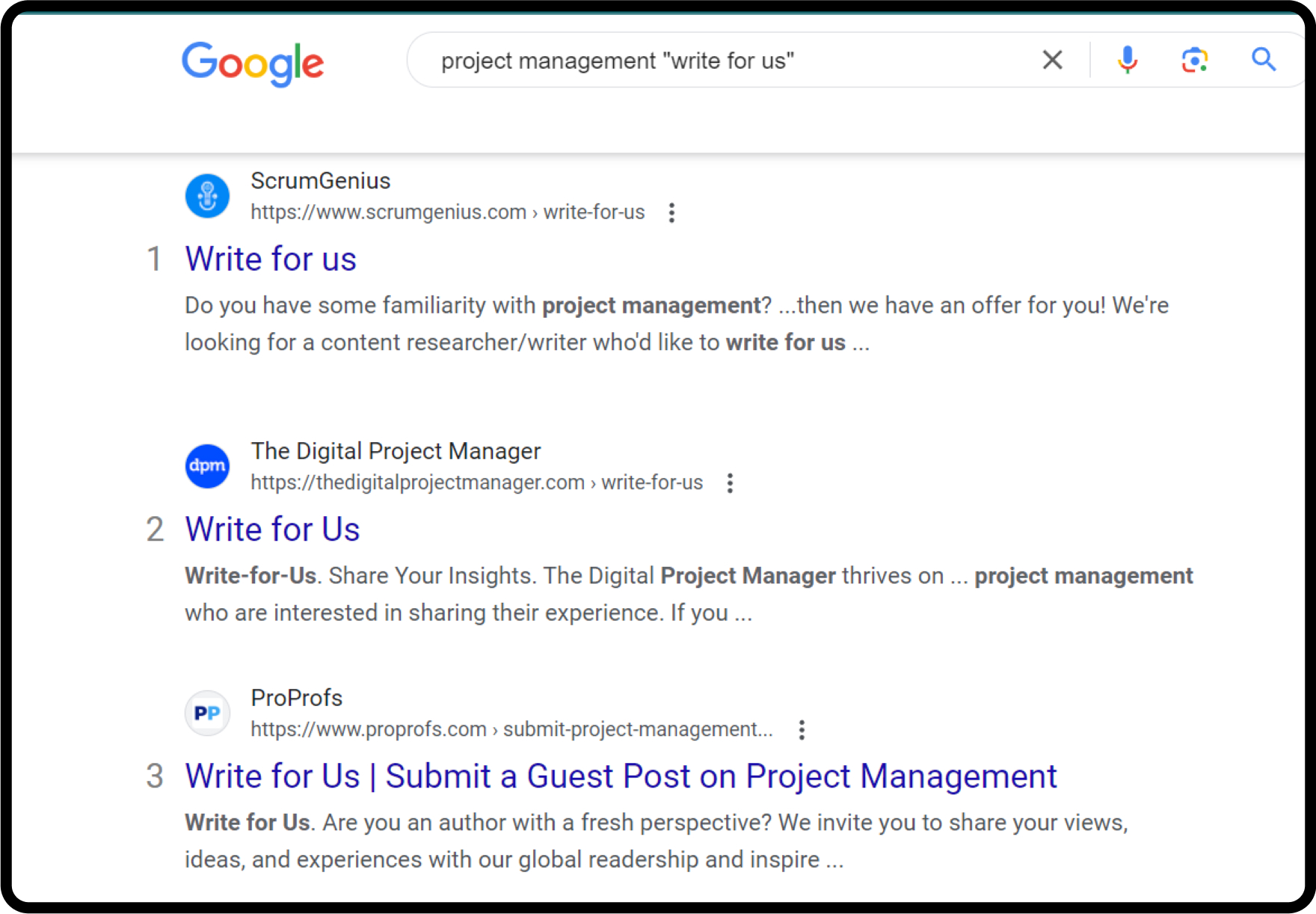 Finding guest post opportunities using a site search: project management "write for us"