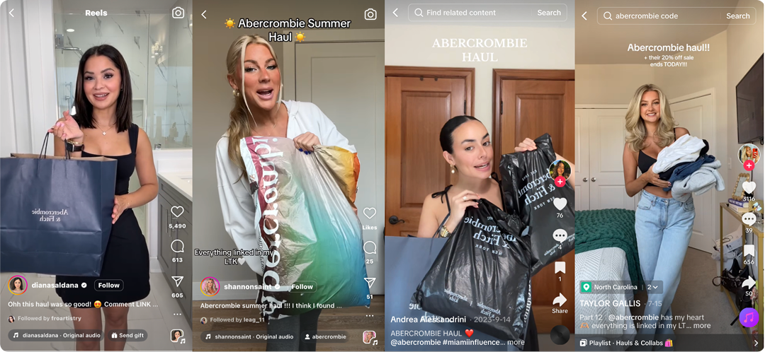 Examples of influencers doing Abercrombie hauls on TikTok and Instagram.
