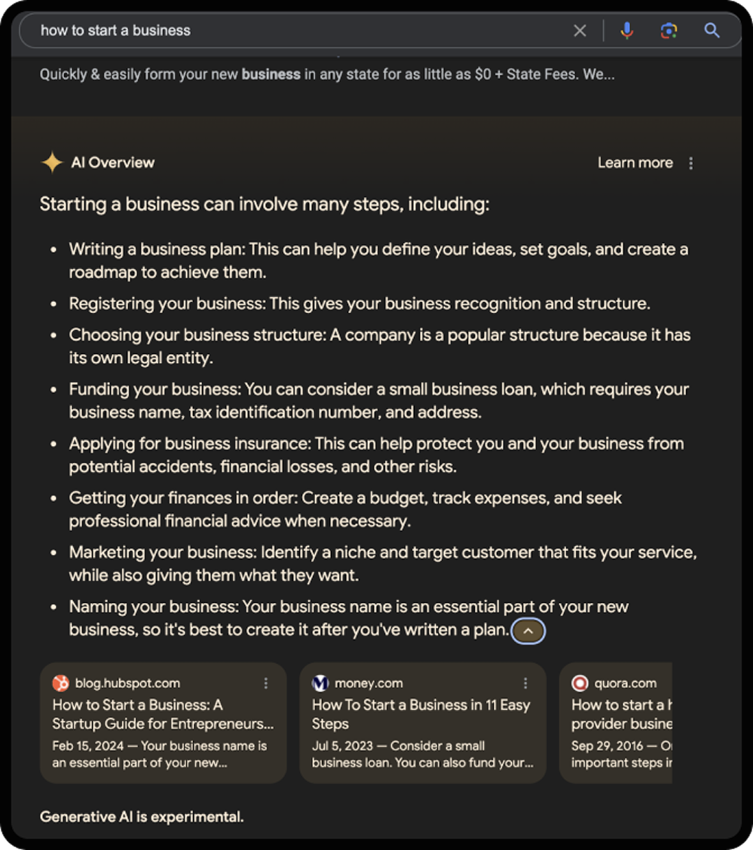 Example of a Google AI Overview result for "how to start a business."