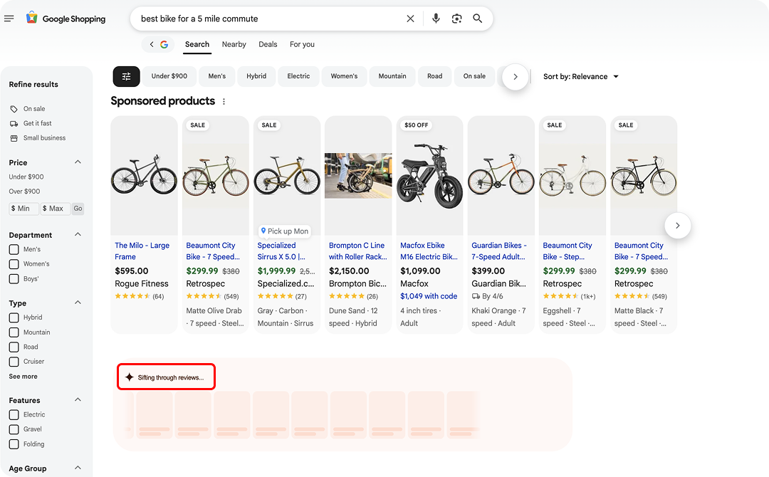 Screenshot of a Google Shopping SERP where reviews are being parsed and summarized.