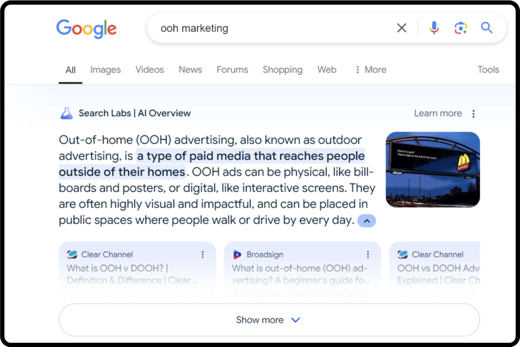 OOH marketing keyword triggering AI Overview search result