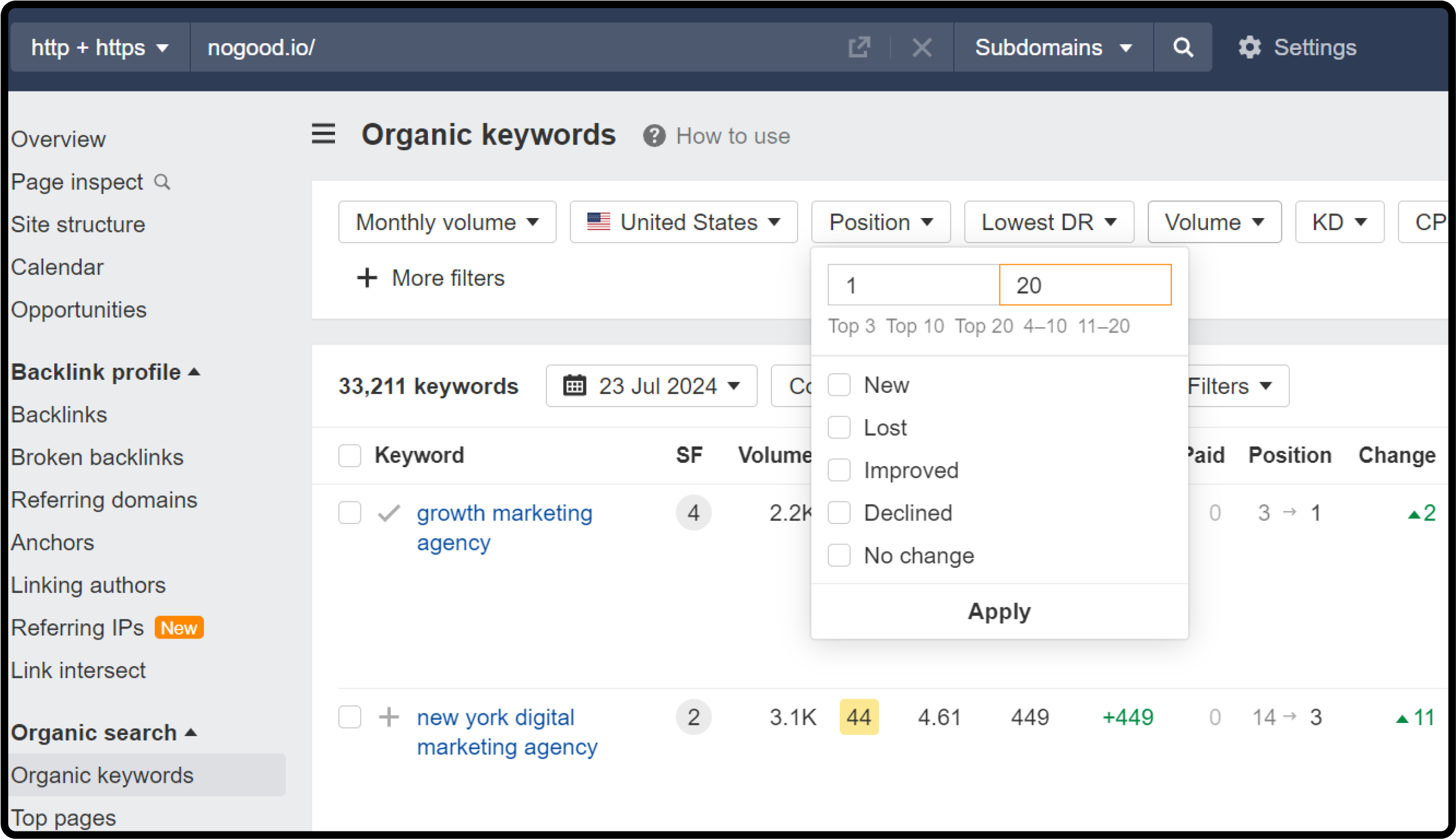 Organic traffic & organic position tracking in Ahrefs