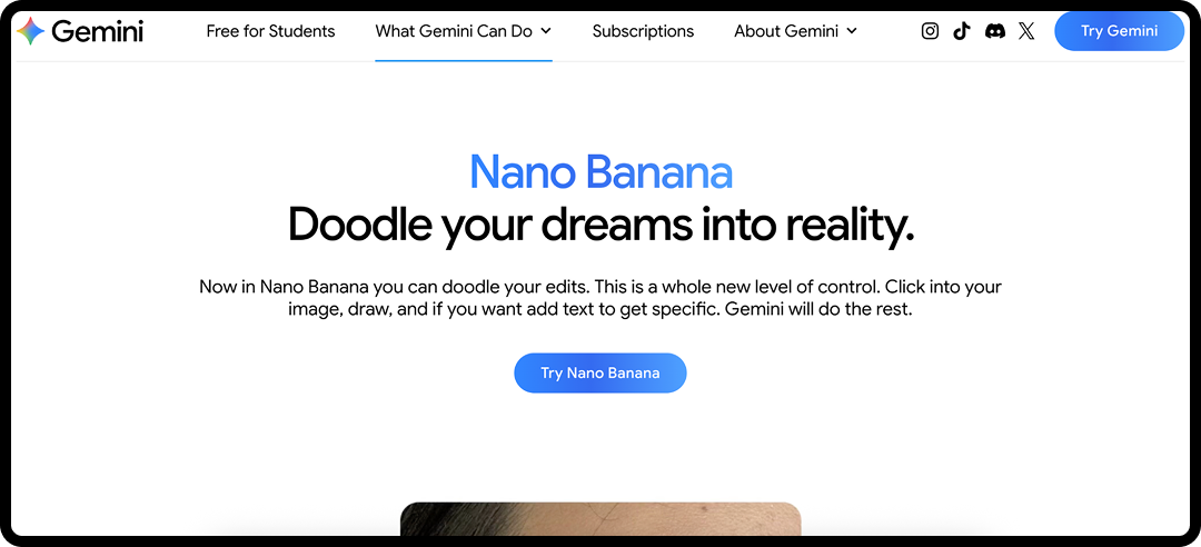 Nano Banana homepage, one of the top AI design tools in 2026.
