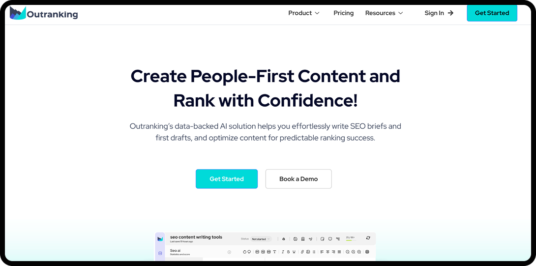 Outranking homepage, an AI content writing tool for SEO.