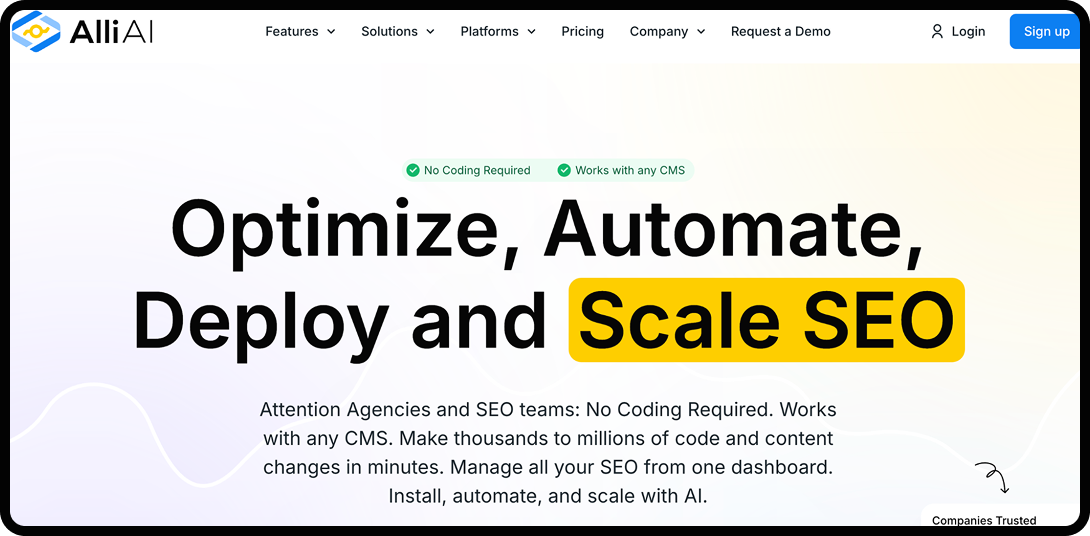 AlliAI homepage, an SEO automation tool.