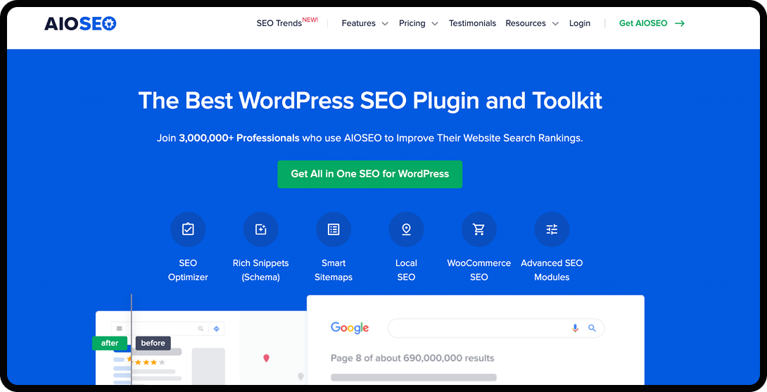 Homepage of AIOSEO, a top-rated AI SEO tool in 2025.
