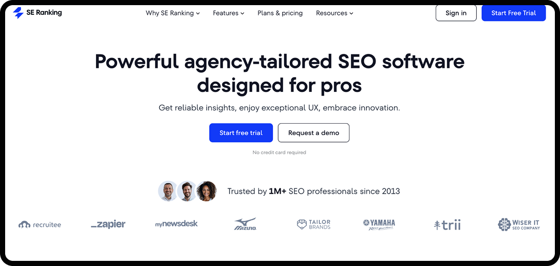 SE Ranking homepage, an agency-tailored SEO software.