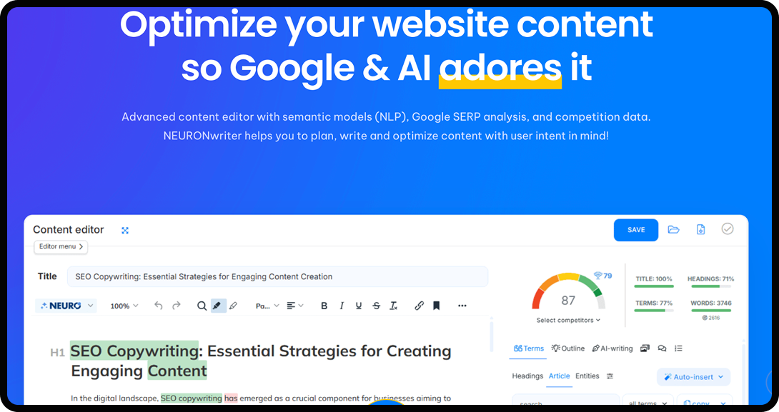 NeuronWriter homepage, an AI writing tool used for SEO.