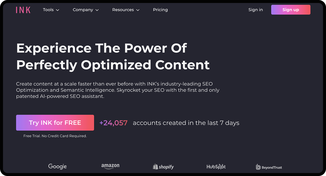 Homepage of INK, an AI SEO tool recommended by NoGood.