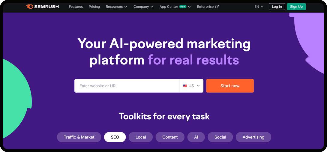 Semrush homepage, an AI SEO tool.