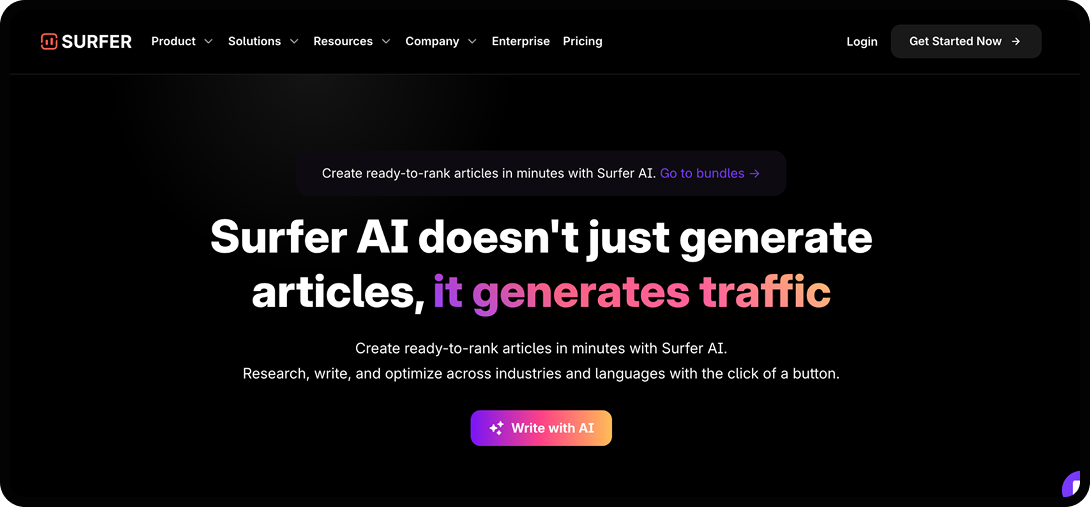 Homepage of Surfer, an AEO and SEO tool.