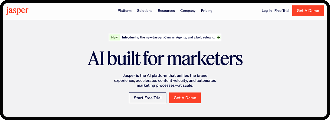 Homepage of jasper.ai, an AI writing and optimization tool.