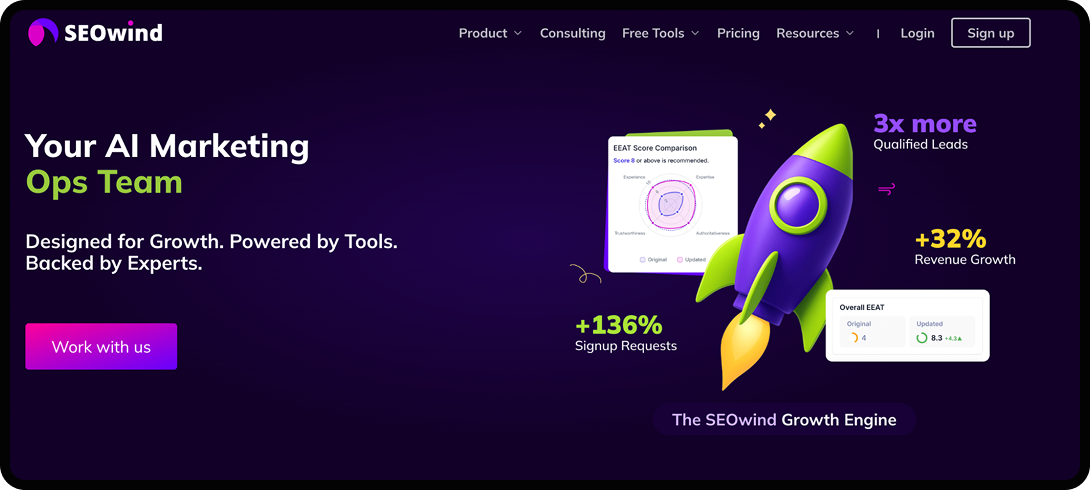 SEOwind homepage, an AI marketing tool.