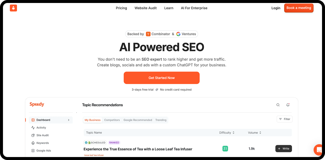 Speedybrand homepage, an AI SEO tool.