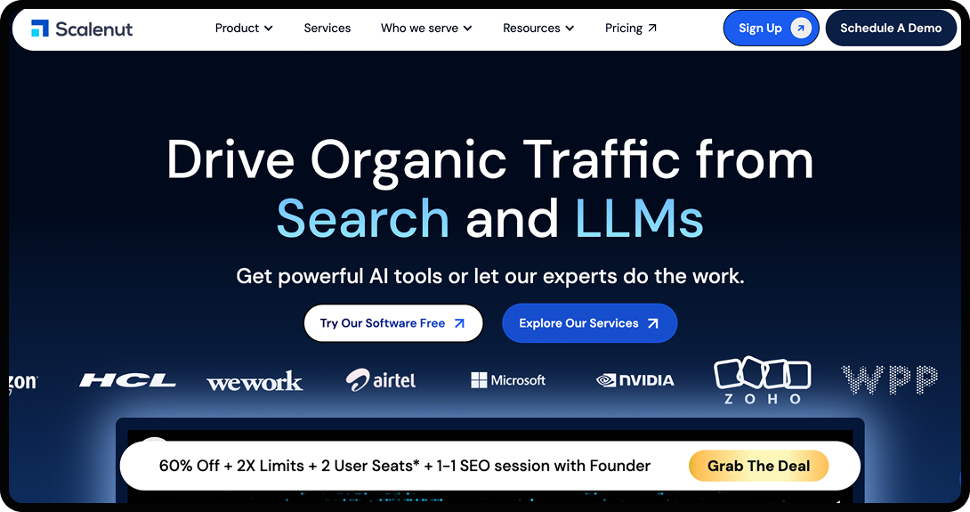 Homepage of Scalenut, a way to drive organic traffic in LLMs.