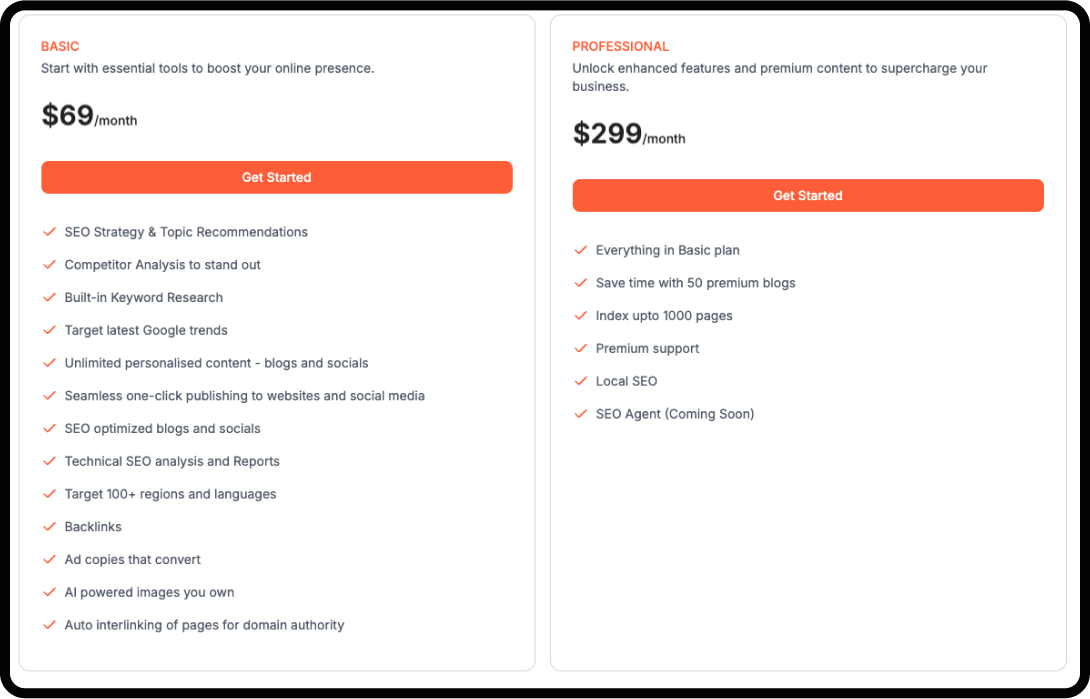 Screenshot of a pricing structure