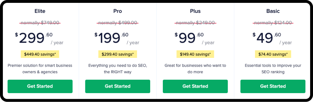 Screenshot of a pricing structure