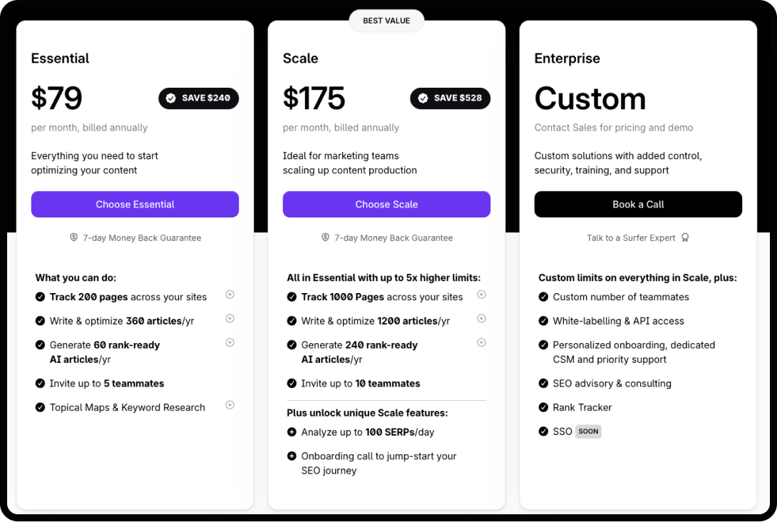 Screenshot of pricing structure for Surfer AI