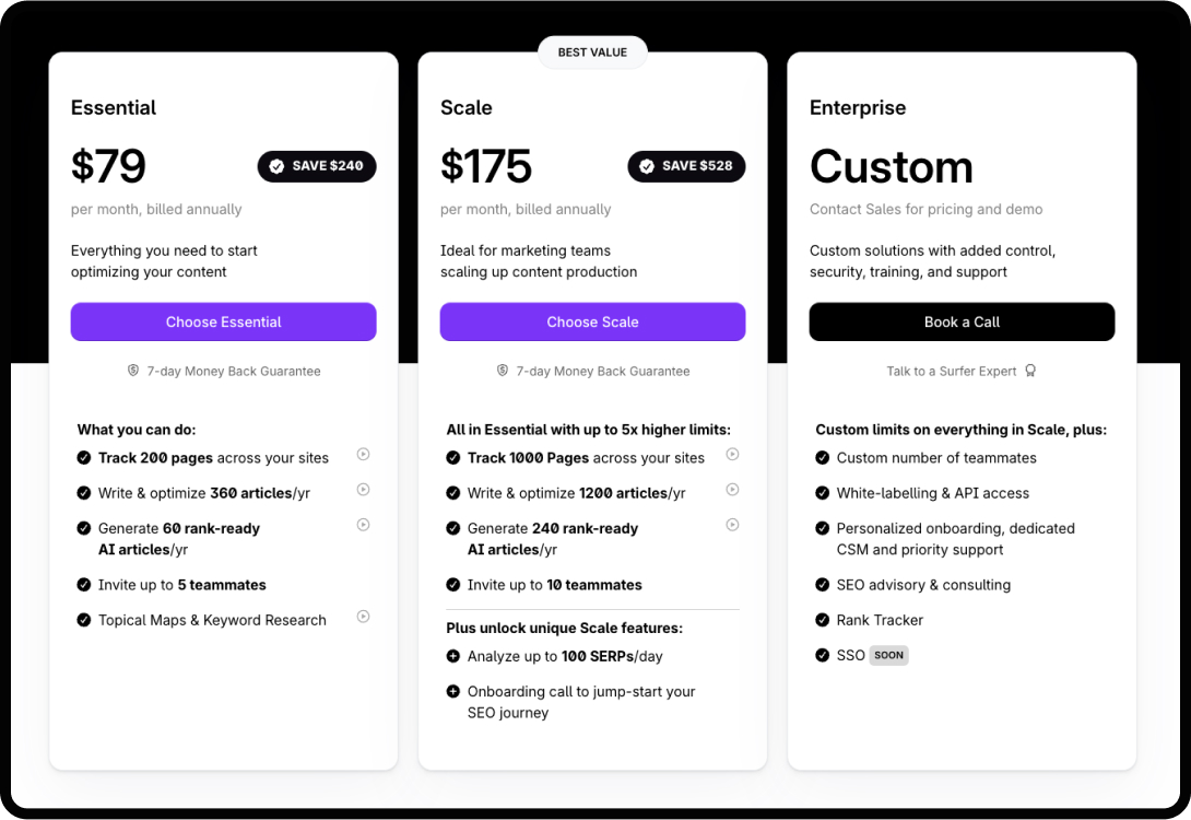 Screenshot of a pricing structure