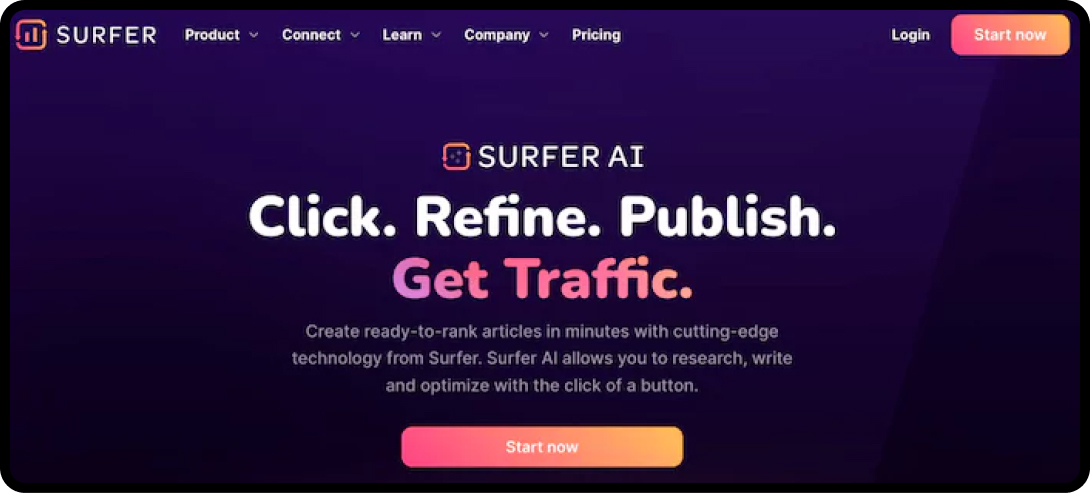 Screenshot of Surfer AI homepage