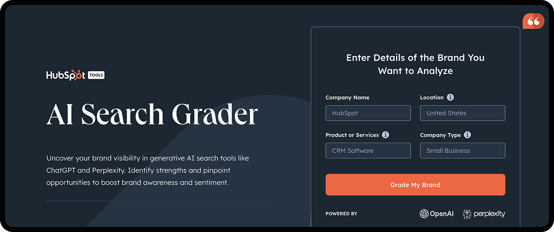 Screenshot of the landing page for HubSpot's AI Search Grader