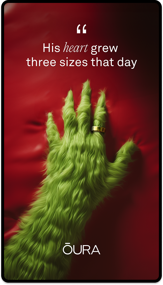 An ad for Oura ring that shows the Grinch wearing an Oura Ring