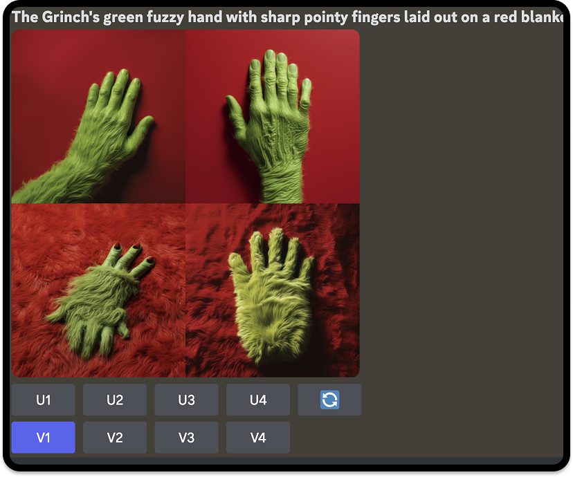 Images generated from Midjourney based on more refined prompts for the Grinch's hands