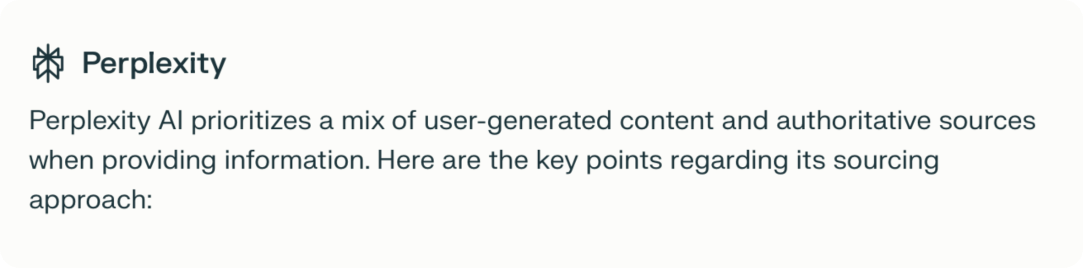 Callout from Perplexity stating that it uses a mix of UGC and authoritative sources when providing information.