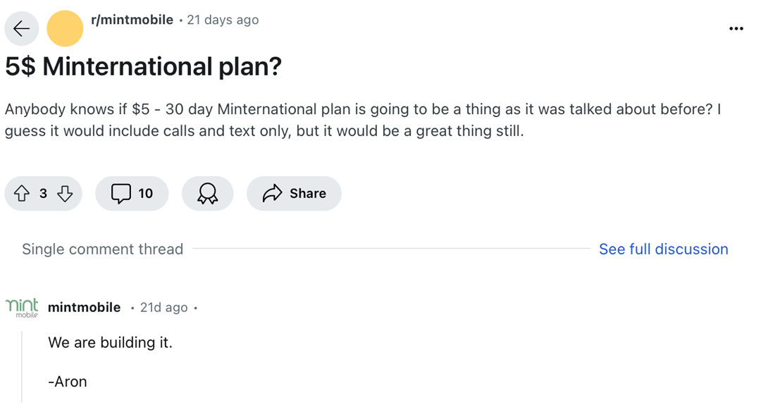 Example of a brand interacting with a user question in a Reddit thread, a factor for Perplexity visibility.