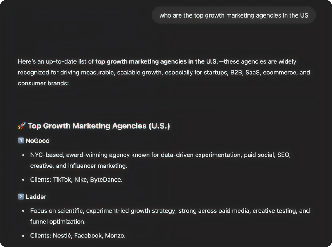 Conversation with ChatGPT asking what the top growth marketing agencies are.