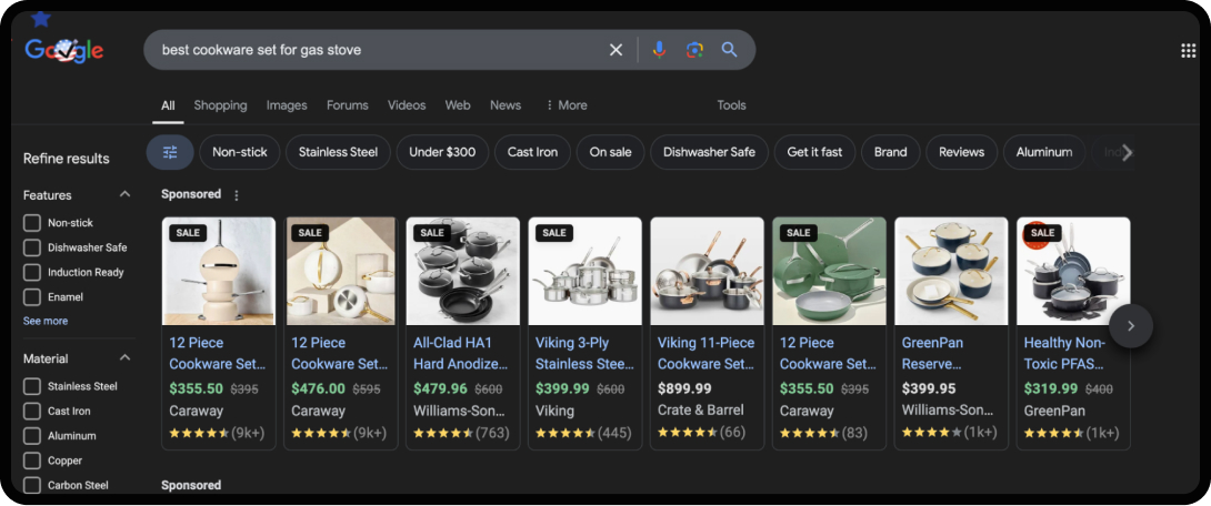 Google search for cookware products