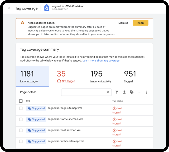 GTM tag coverage summary