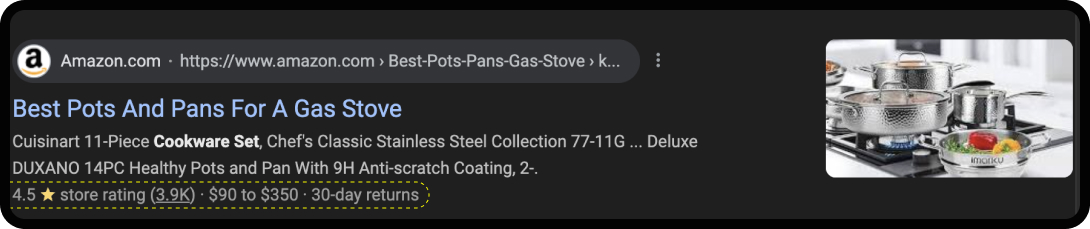 Single Google Search result for pots and pans