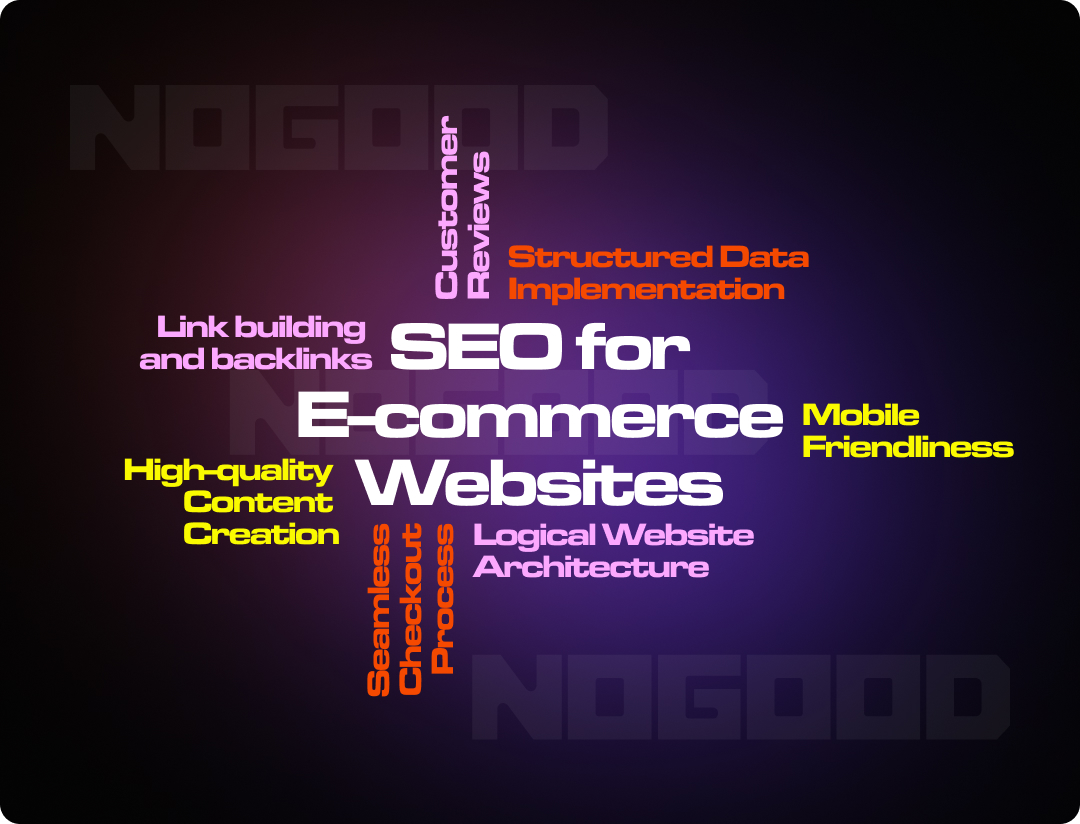 Word cloud with words and phrases related to SEO and ecommerce