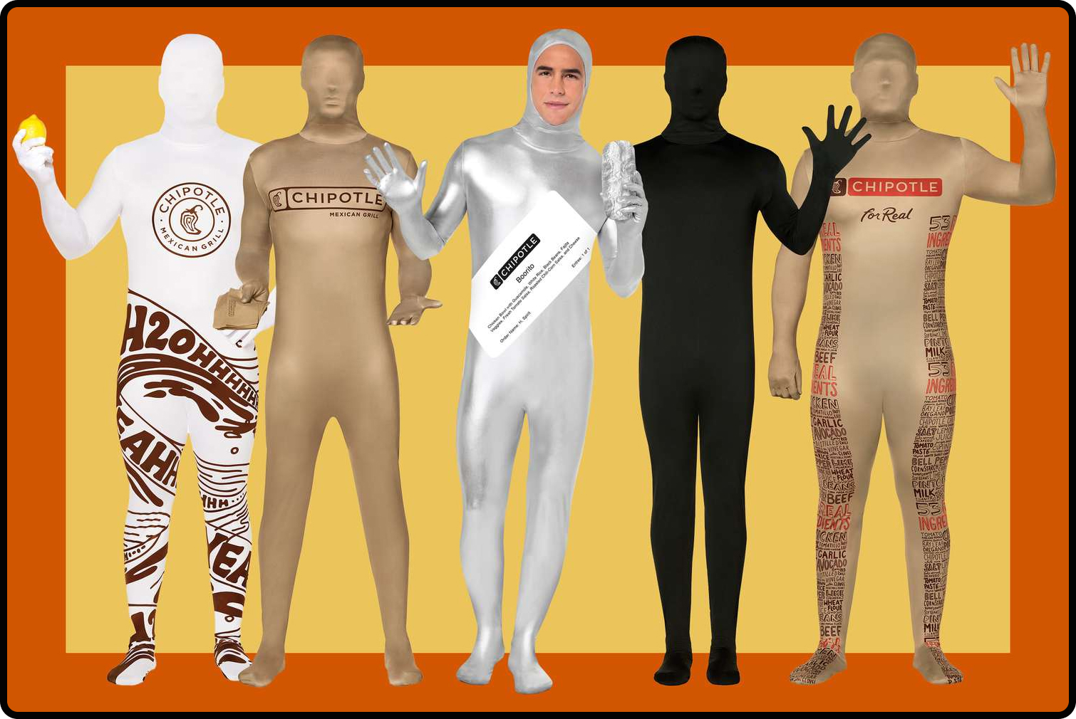 Five people in different costumes that look like Chipotle products