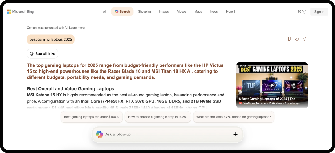 Bing AI search chatbot interface.