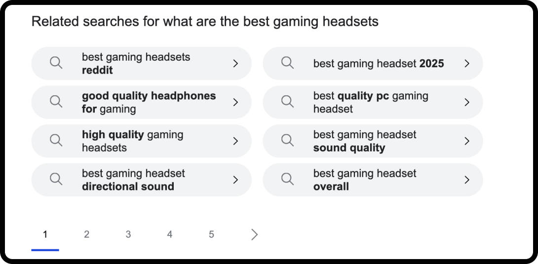 List of related queries at the bottom of a Bing search page.