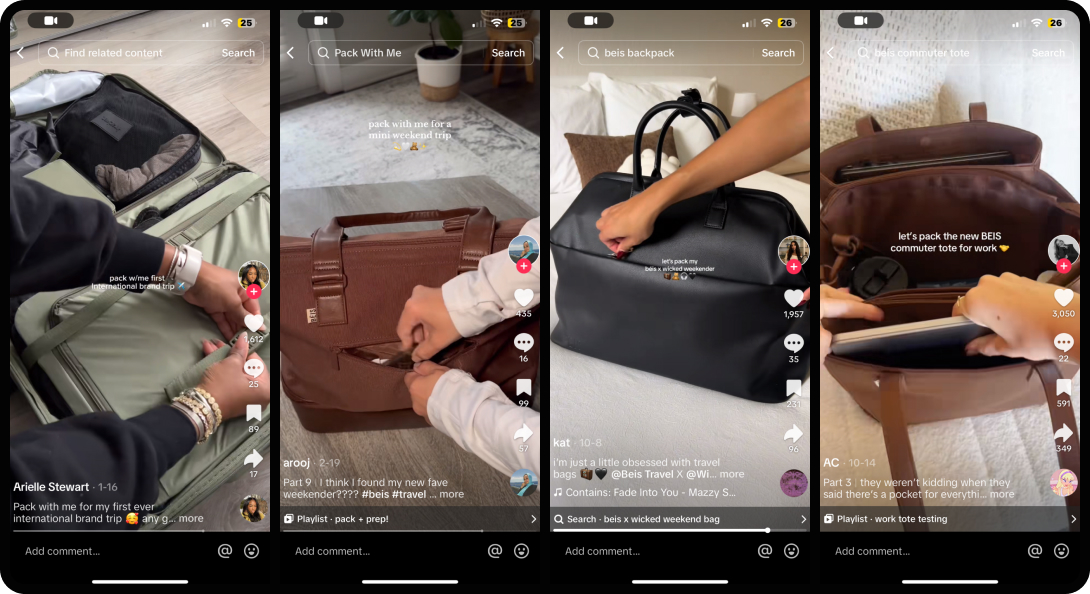 Four side by side screenshots of TikTok videos showcasing different pieces of luggage