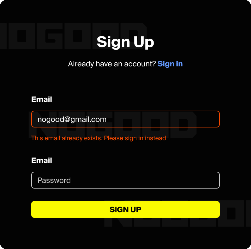 Screenshot of a sign up form displaying an error message