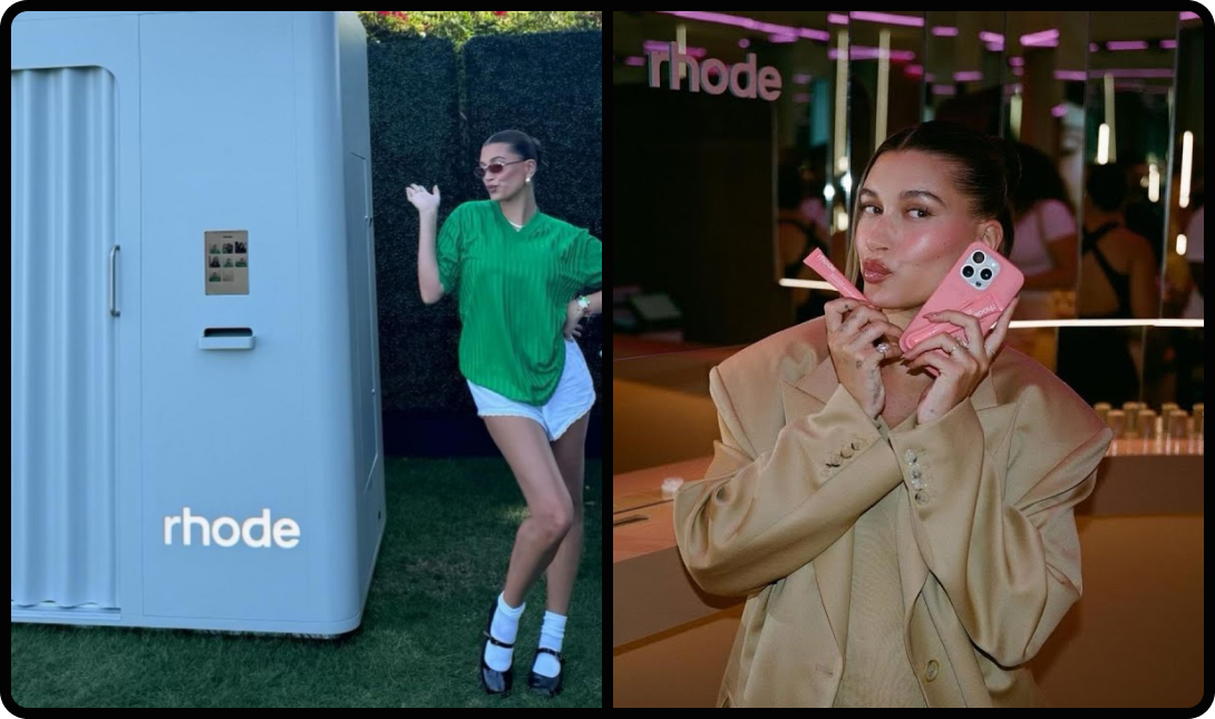 Two pictures of Hailey Bieber side by side, one at her product pop up, and one with her products