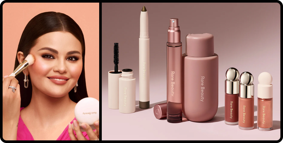 Selena Gomez side by side with her products from Rare Beauty